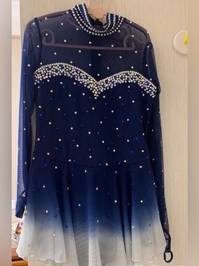 Used Girls Navy Blue Ombre Rhinestone Figure Skating Dance Dress for 6-8T 130cm